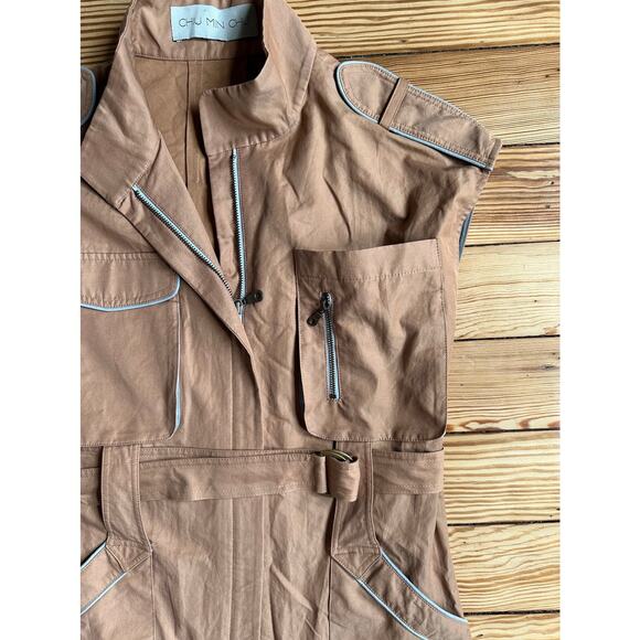 NWOT Chiu Min Chu Cognac Camel Color Tie Waist Four Pocket Safari Zip Dress - Picture 4 of 8